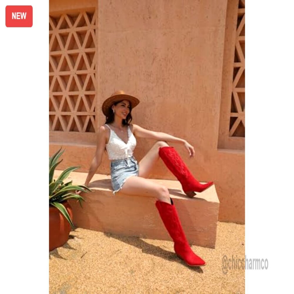 Knee High Cowgirl Boots Pointed Toe Block Heel Suede Faux Leather Embroidered - Picture 2 of 7